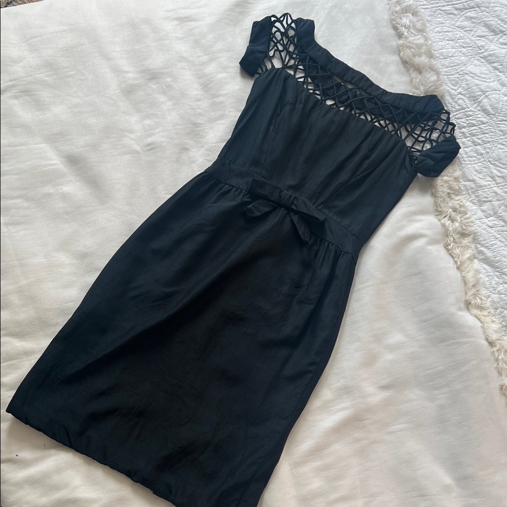 1960s Black Silk Elegant Black Dress with Lattice/Caged Neck Detail